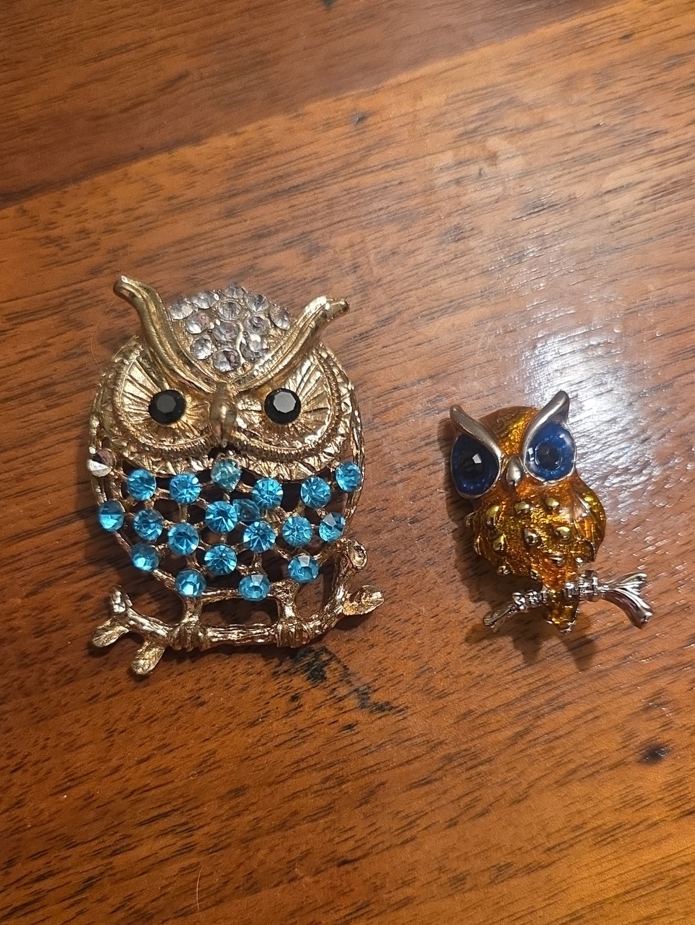 Gold Tone Owl Brooches with Blue Rhinestones Enamel Vintage